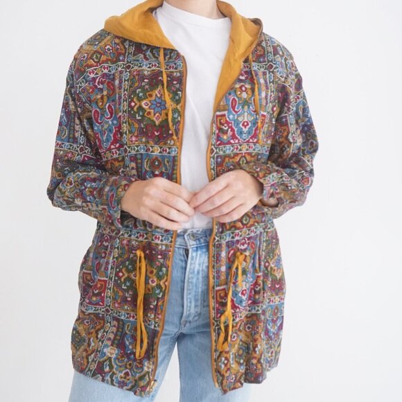 Vintage Fashion Passport Parisian Paisley Print Zip Up Lightweight Jacket Hood S - Picture 2 of 11